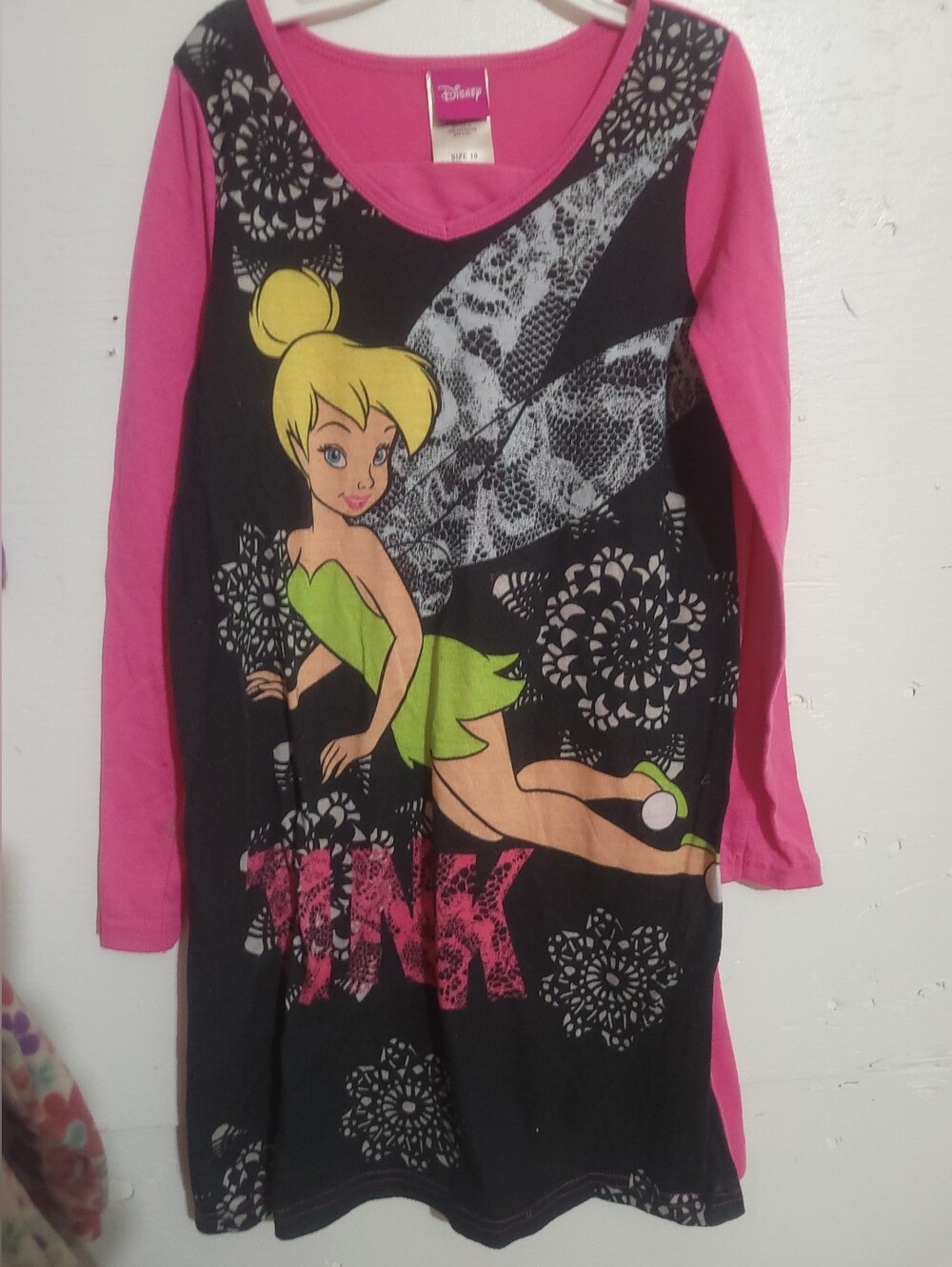 Disney Pink & Black Tinker Bell Long Sleeve Girls Nightgown